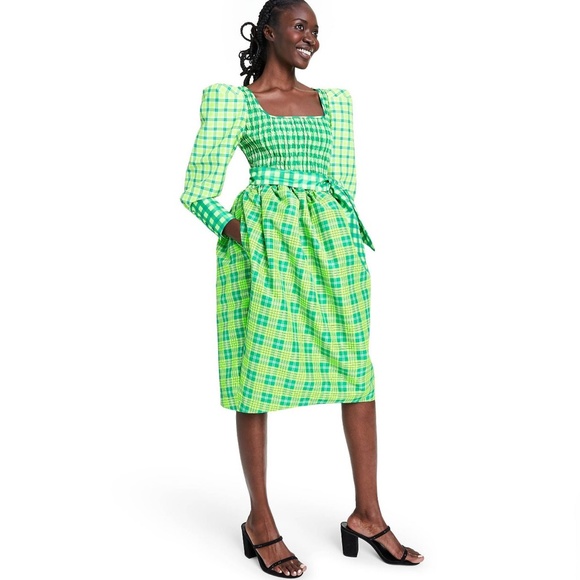 Plaid Long Sleeve Smocked Tie Waist Dress - Picture 3 of 4